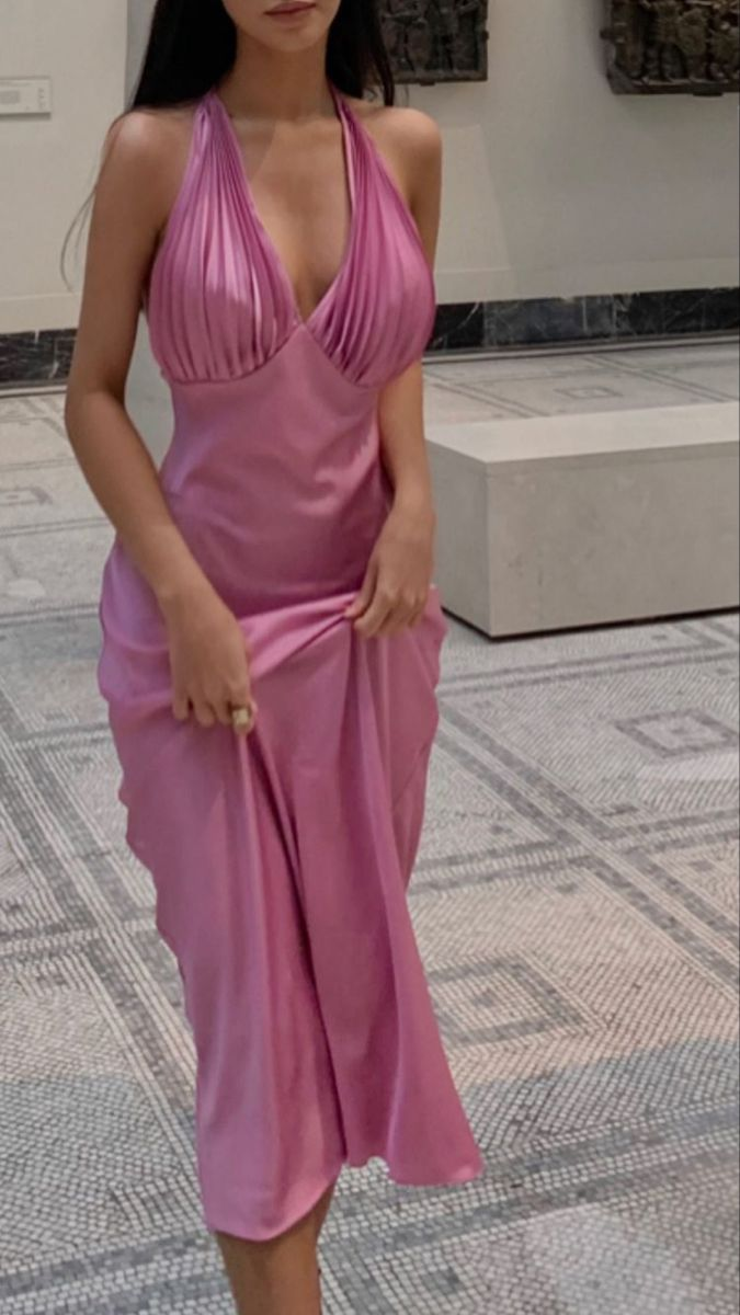 Sexy Pink V Neck Pleated Halter Party Dress Backless Prom Evening Gown