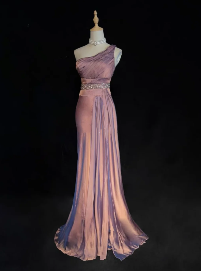 Pretty One Shoulder Pink Satin Pleated Beaded Mermaid Long Evening Dress Formal Birthday Party Dress
