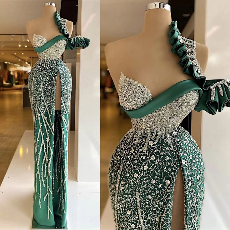 One Shoulder Green Mermaid Evening Dresses Crystal Beaded High Side Split Formal Prom Gowns Custom Made Plus Size Pageant Wear Party Dress