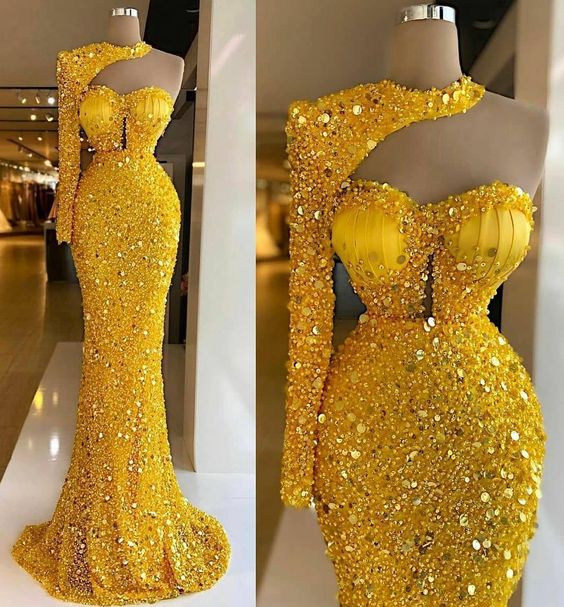 Yellow sequin mermaid long prom dress, sexy evening dress