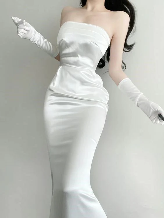 Elegant White Satin Strapless Mermaid Evening Dress Long Party Dress With Gloves