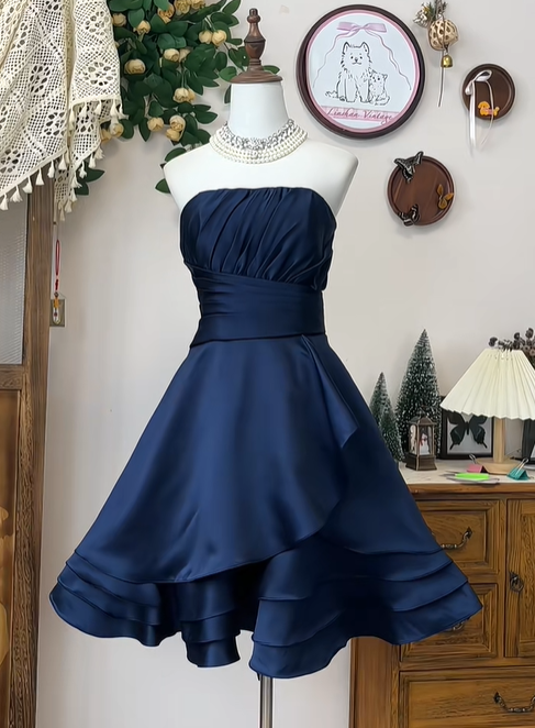 Vintage Strapless Navy Blue A Line Short Party Dress Homecoming Dress