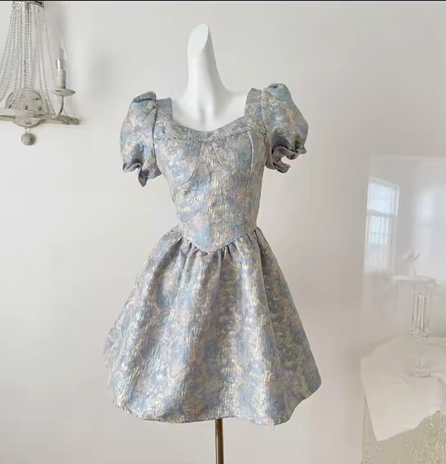 Cute Satin Print Floral Short Sleeves A Line Birthday Outfits Blue Homecoming Dress