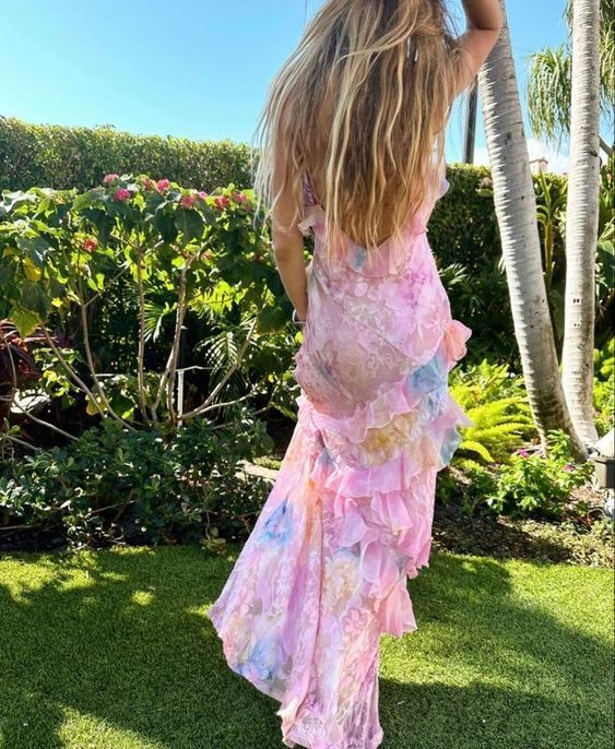 Charming Pink Print Chiffon Ruffles Party Evening Dress Long Prom Dress