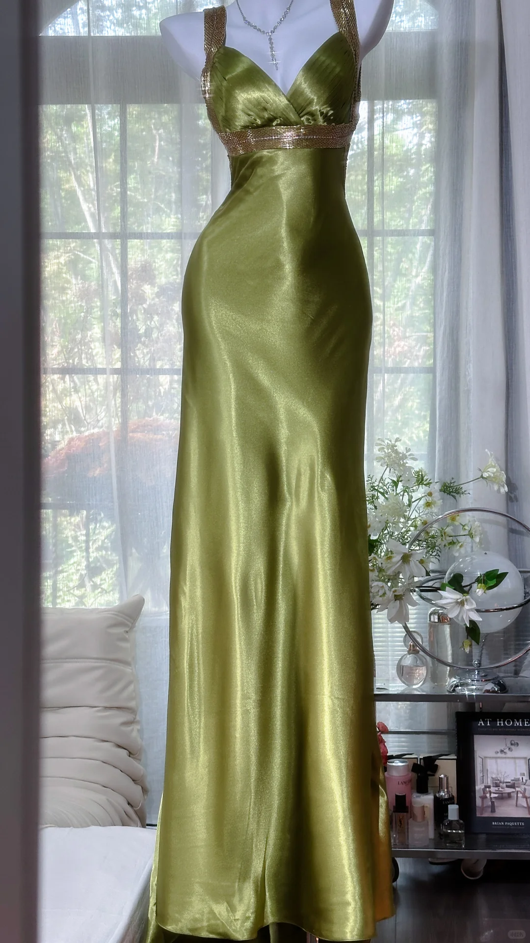 Vintage Olive Green V Neck Satin Backless Mermaid Party Dress Long Evening Dress