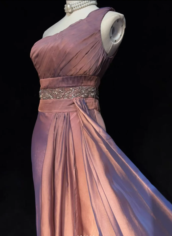 Pretty One Shoulder Pink Satin Pleated Beaded Mermaid Long Evening Dress Formal Birthday Party Dress