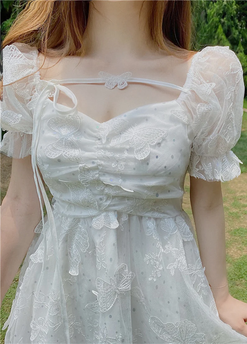Butterfly White Summer Dress, White Homecoming Dress, Bohemian Summer Beach Sundress