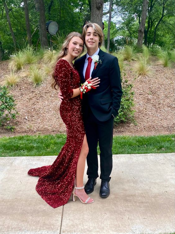 Shiny Burgundy Sequins Long Prom Dress With Split