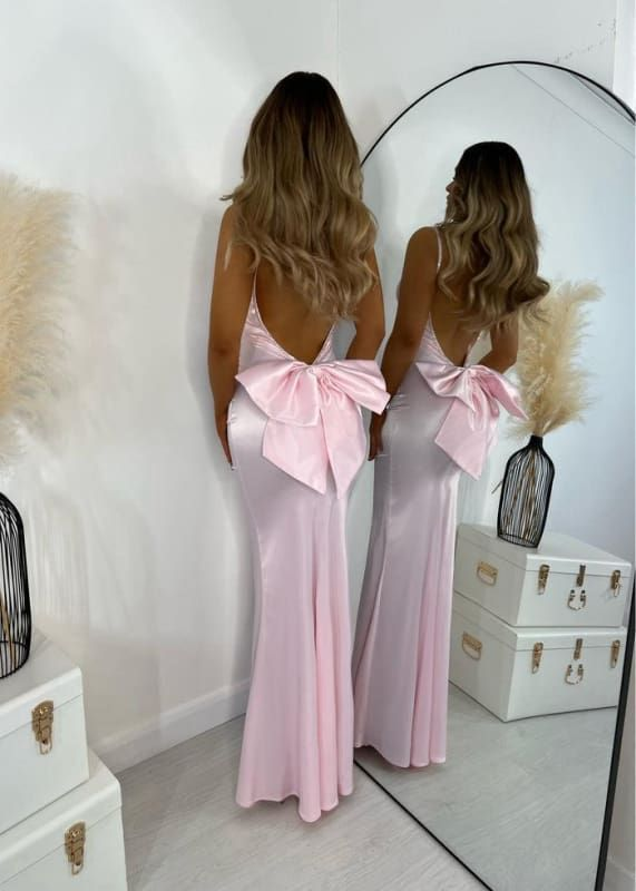 Charming Pink Beaded Spaghetti Straps Prom Dress With Bow Mermaid Backless Party Dress