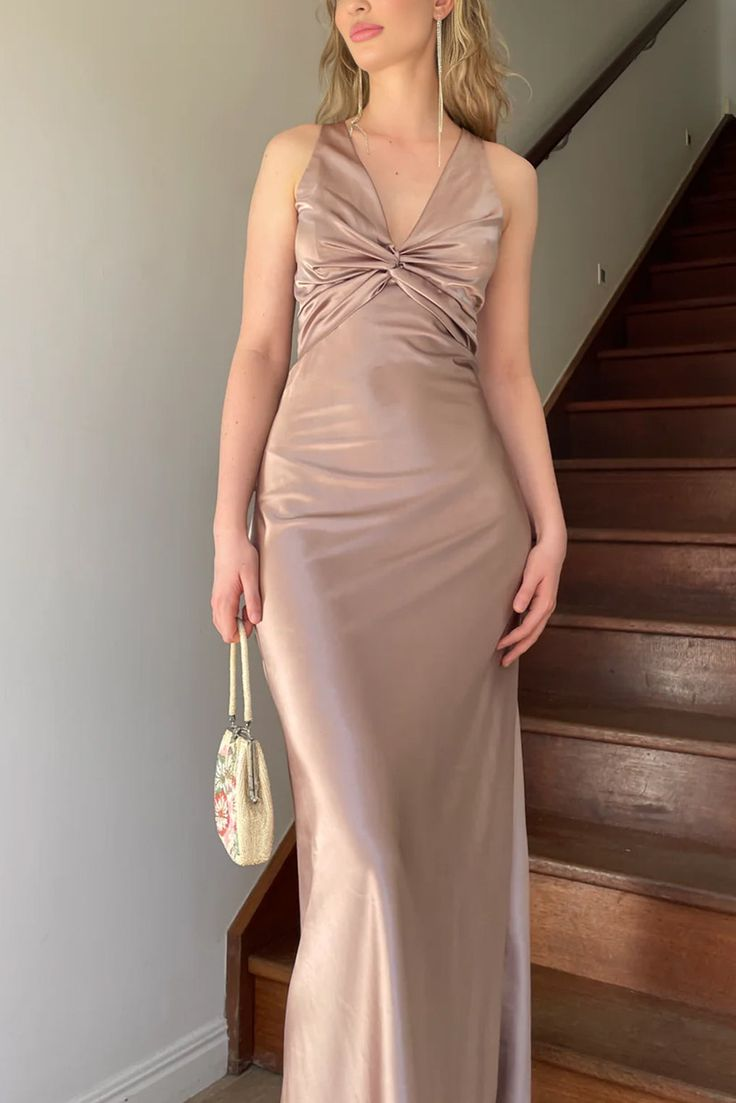 Vintage Olive Green V Neck Satin Long Prom Dress Evening Dress