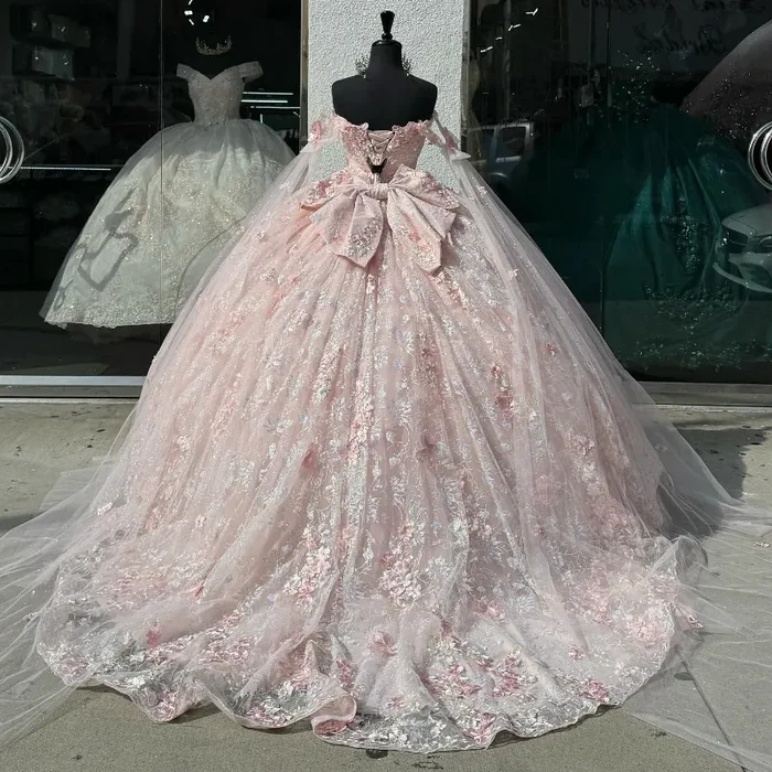 Pretty Pink Off The Shoulder Tulle Lace Appliques Quinceanera Dress Sweet 16 Dress With Bow