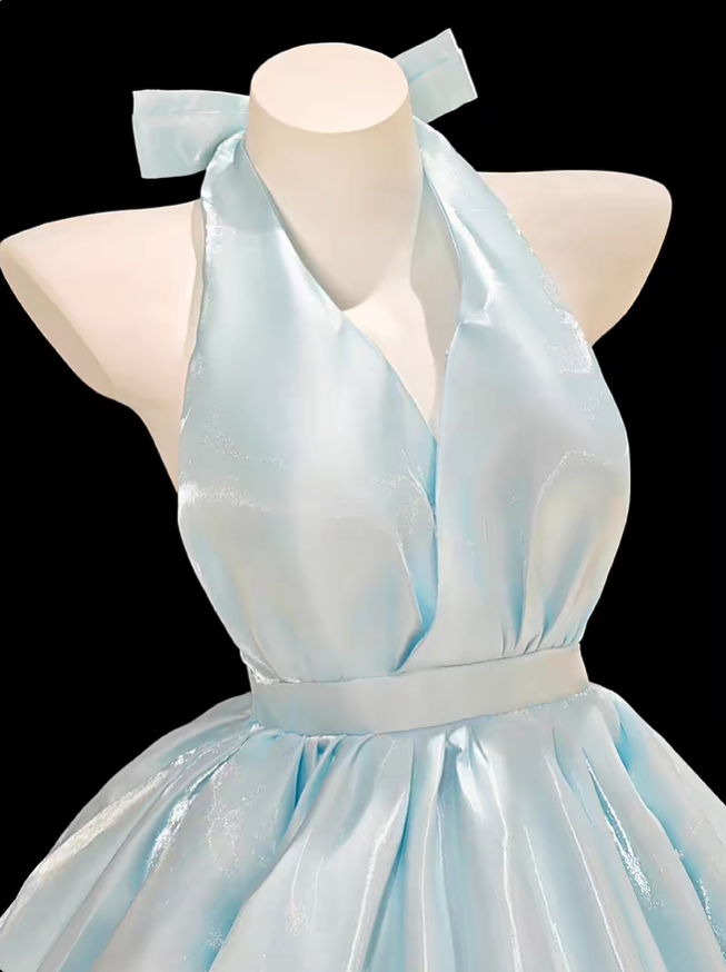 Sweet Halter V Neck Blue Satin A Line Short Homecoming Dress 17th Birthday Outfits