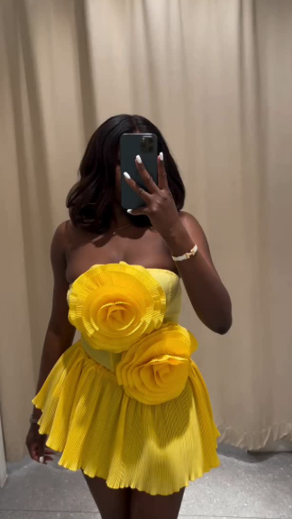 Unique Yellow Strapless Satin Flowers A Line Short Party Dress Formal Homecoming Dress
