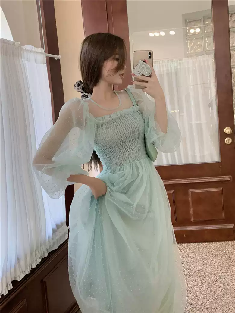 Light green skirt hollow French super fairy puff sleeve polka dot mesh dress sexy party dress