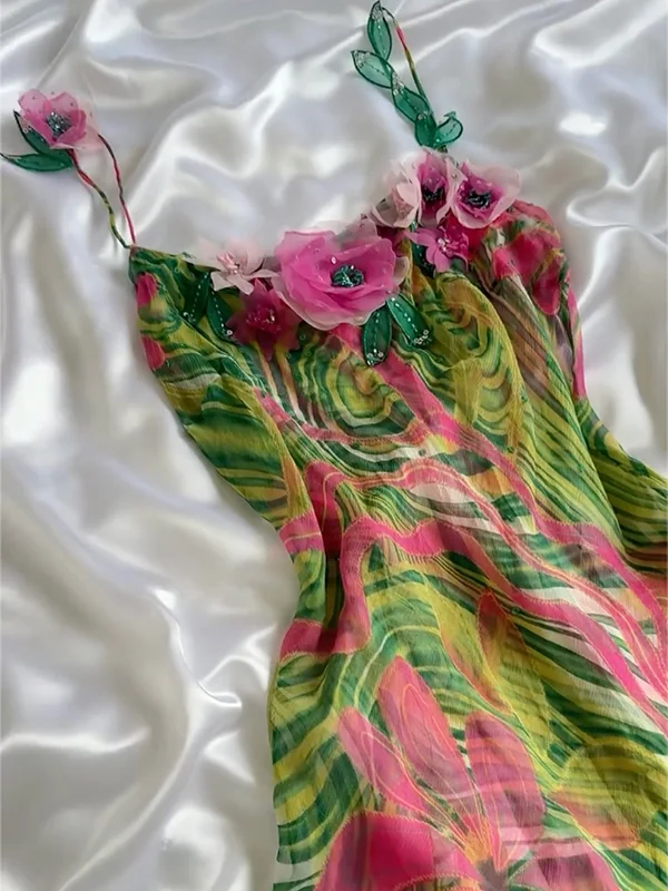 Vintage Spaghetti Straps Chiffon Print Floral Long Prom Dress Formal Birthday Party Dress
