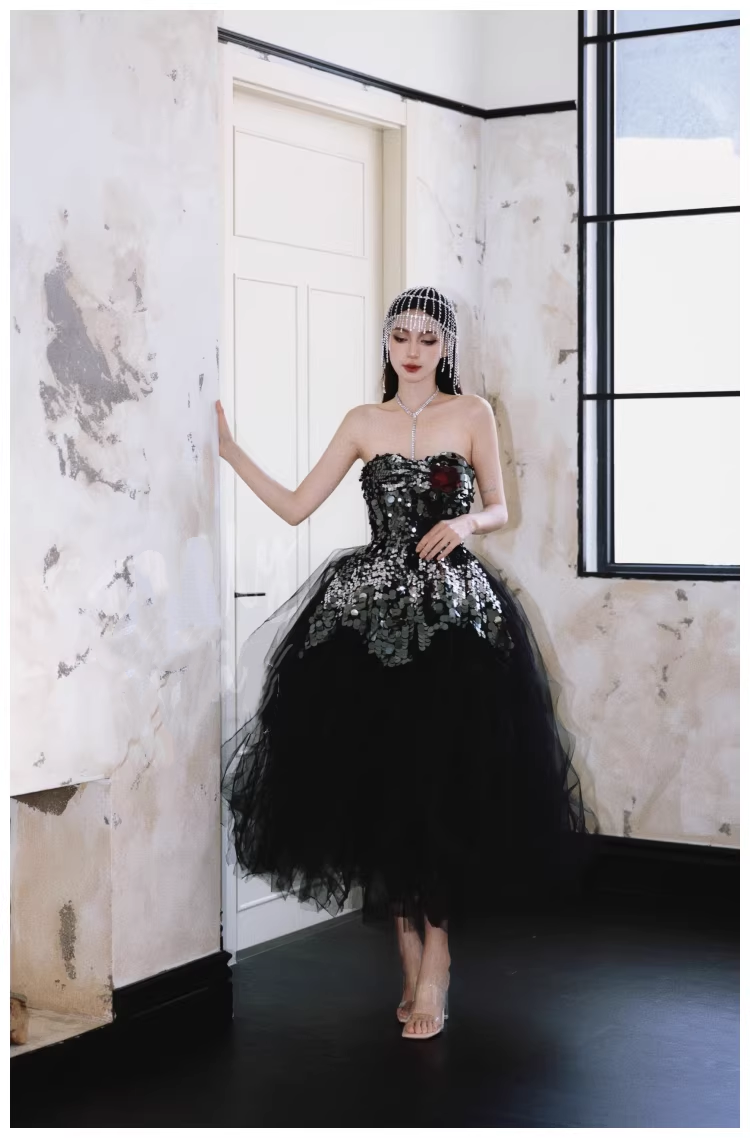 Gorgeous Strapless Black Tulle Sequin A Line Long Evening Dress Birthday Dress