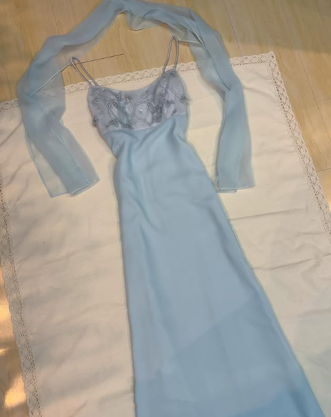 Pretty Light Blue Chiffon Applique Evening Dress,Straps Party Prom Gown