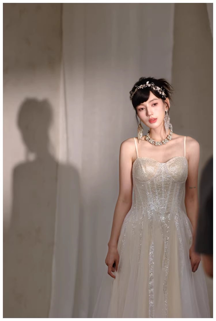 Classy Light Apricot Spaghetti Straps Tulle Sequin A Line Long Party Dress Evening Dress