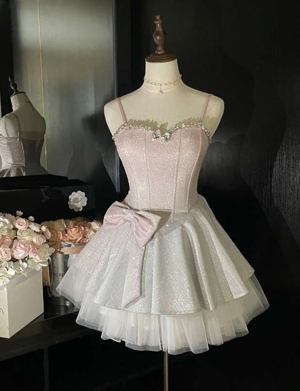 Glitter Spaghetti Straps Sweetheart Neck A Line Short Homecoming Dress Birthday Outfits
