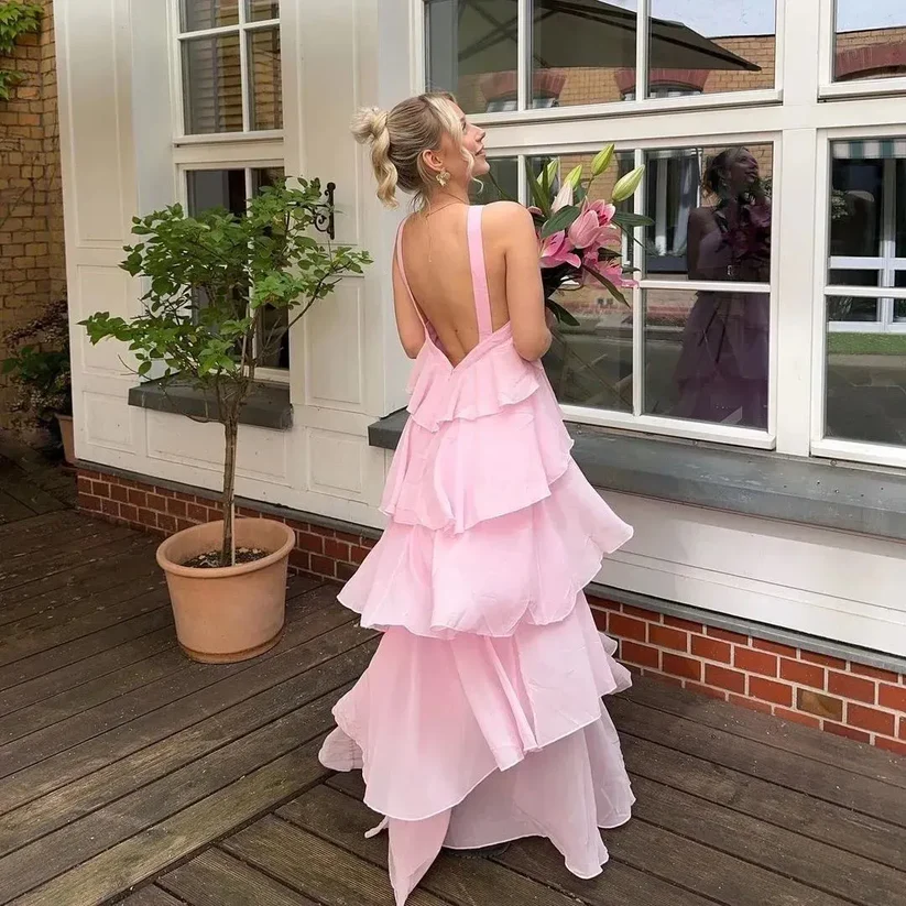 Women's Pink A-line Tiered Prom Dress,Pink Backless Evening Dress