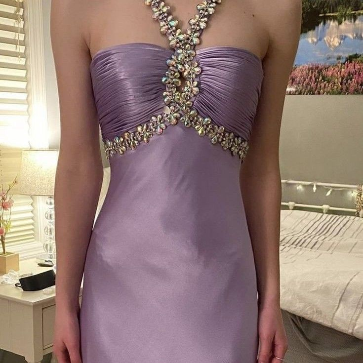 Glamorous purple satin beaded long prom evening dresses