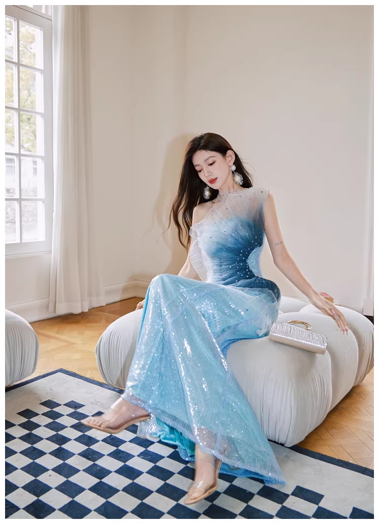 Glamorous Blue Tulle Sequin Mermaid Long Evening Dress Formal 19th Birthday Outfits With Beads