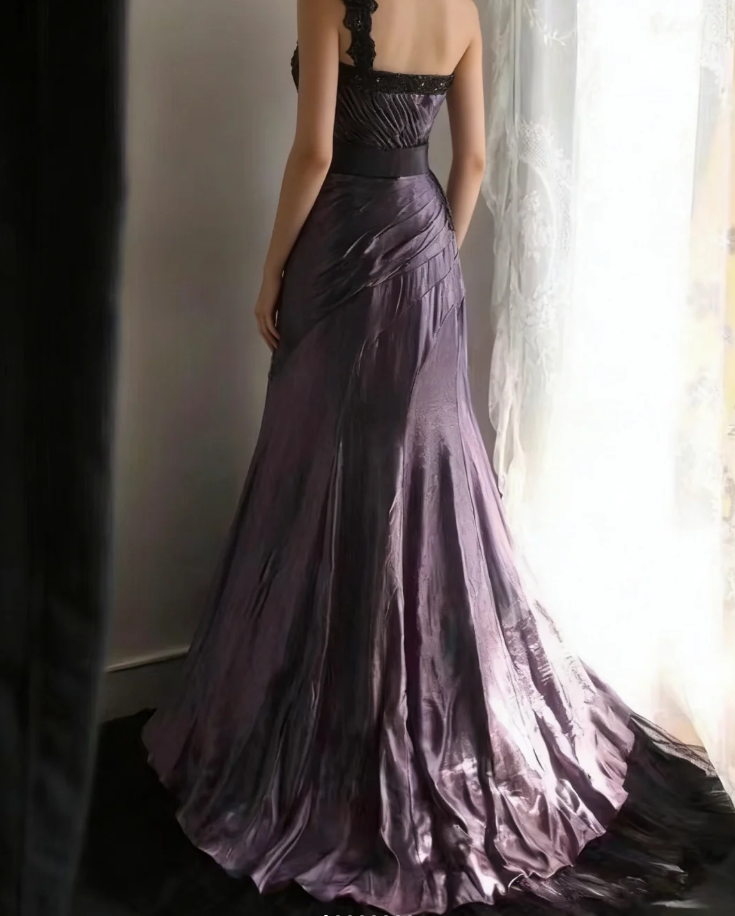 Unique One Shoulder Purple Satin Pleated Tulle Appliques Long Party Dress Birthday Prom Dress