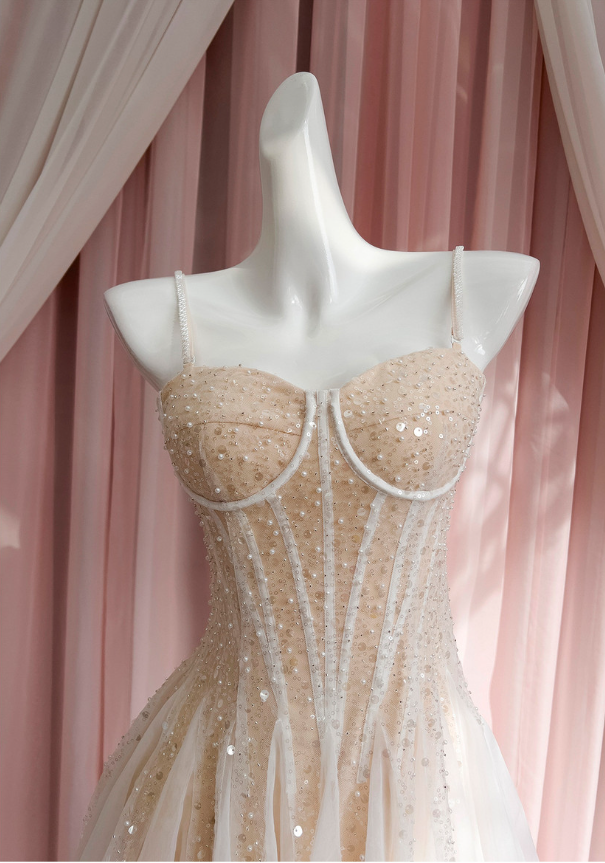 Sparkly Champagne Sequins Spaghetti Straps Homecoming Dress Cocktail Dress