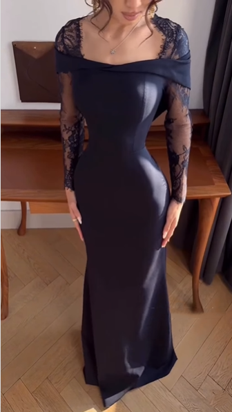 Fashion Off The Shoulder Navy Blue Satin Lace Mermaid Long Wedding Guest Dress Party Dress