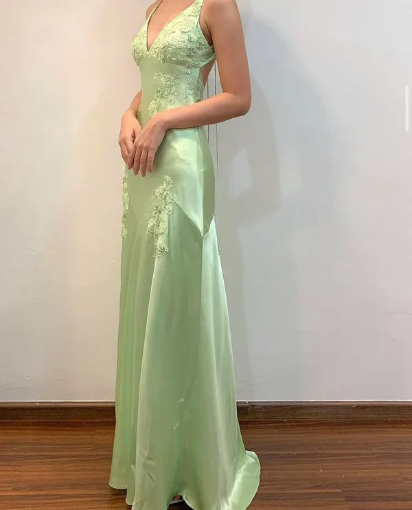 Sexy Mint Green V-Neck Beaded Prom Dress Evening Dress Backless Party Gown