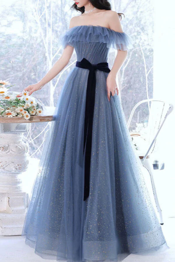 A-Line Gray Blue Off The Shoulder Long Prom Dress Tulle Evening Dress
