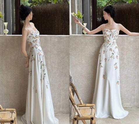 Spaghetti Straps White Satin Long Prom Dress,Elegant Evening Dress Wedding Dress With Appliques