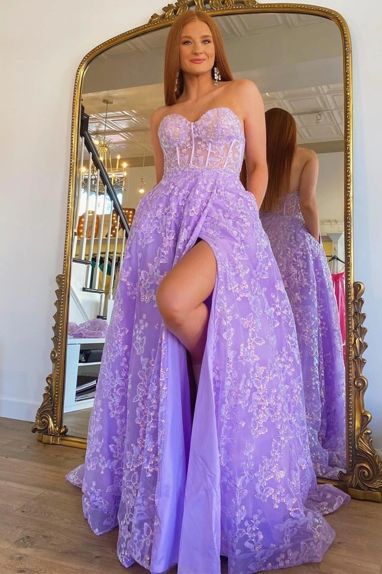 Sparkle Princess Bustier Puff Sleeve Lace Long Prom Dress Detachable Sleeves Evening Dress