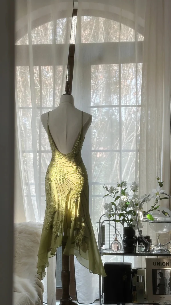 Vintage Green Chiffon Beaded Birthday Dress Homecoming Dress
