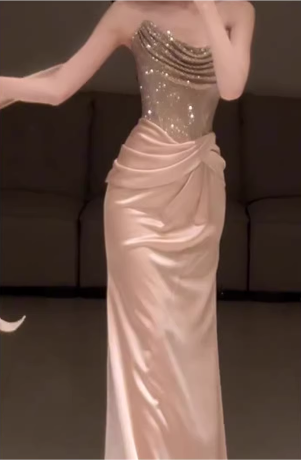 Elegant Strapless Sequin Satin Pleated Mermaid Long Party Dress Birthday Prom Dresses
