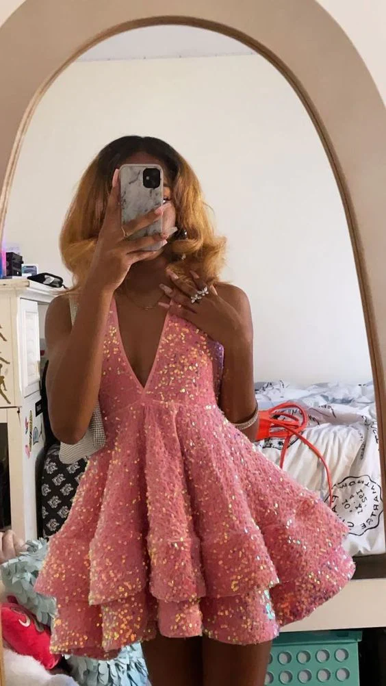 16th birthday outfit black girl hoco dress pink sequin homecoming dress
