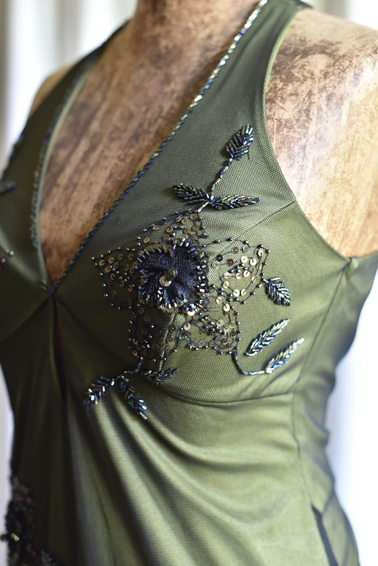 Vintage Olive Green Satin Tulle Beaded Mermaid Evening Dress Backless Long Party Dress
