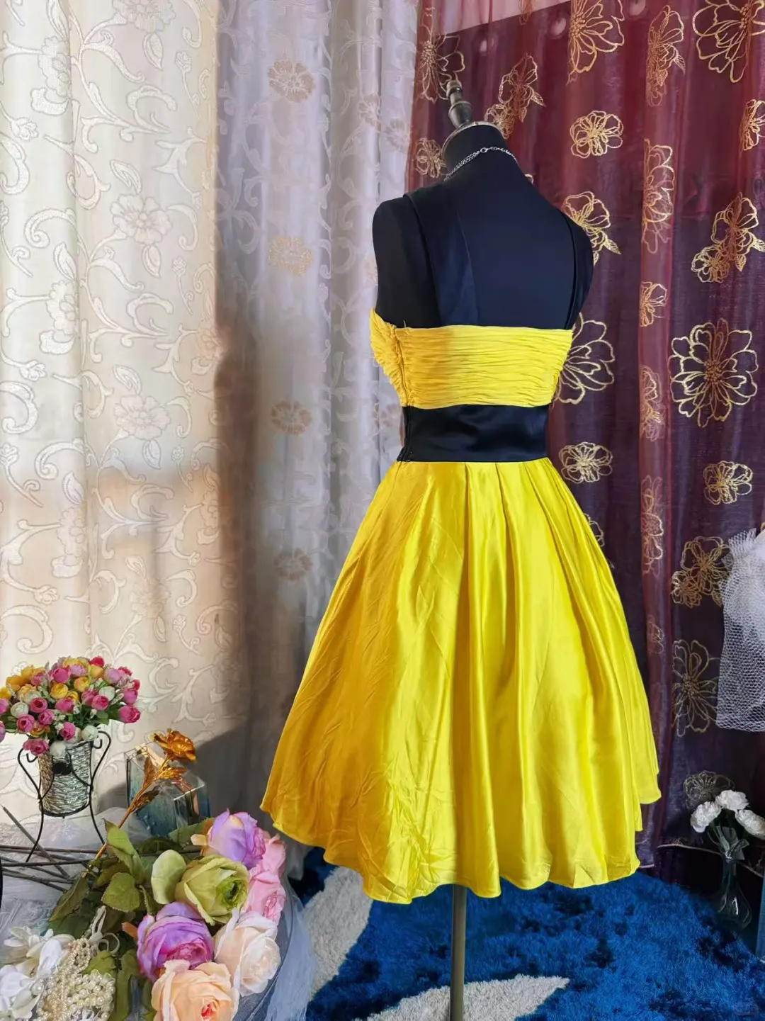 Fashion Yellow Black Splicing A Line Short Party Dress Formal Graduation Homecoming Dress