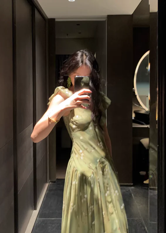 A Line V Neck Prom Party Dress Chiffon Green Flora Evening Dress