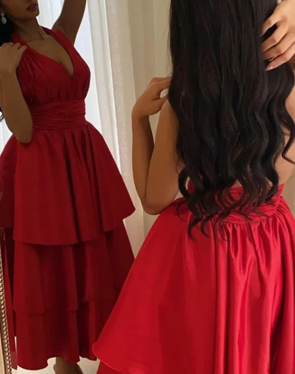Sexy Halter V Neck Satin Layered Evening Dress A Line Party Dress