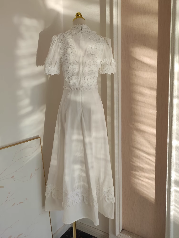 Cute A line High Neckline Short Sleeves Lace White Party Dress Chiffon Holiday Dresses