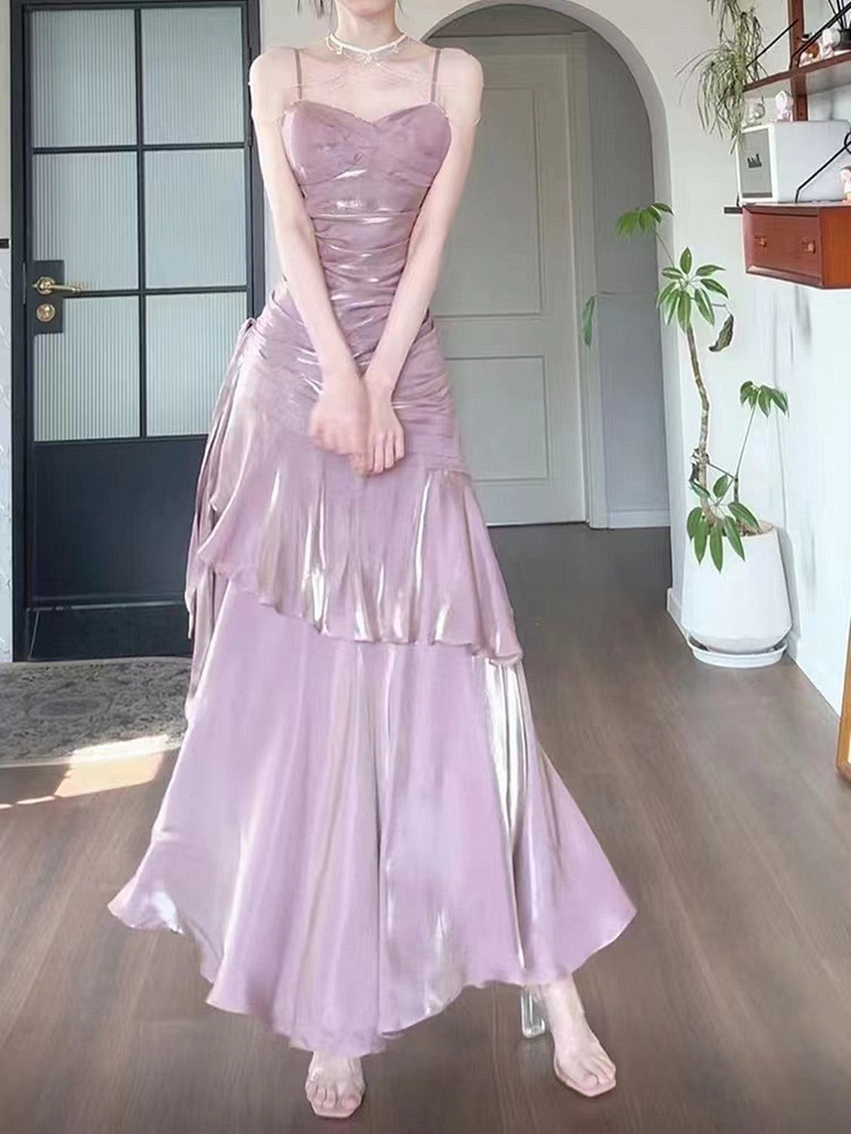 Chic Pink Satin Straps Long Party Dress Satin Mermaid Prom Dress Evening Dress