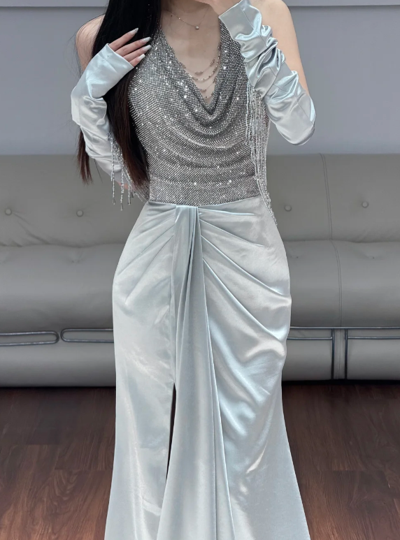 V Neck Satin Prom Party Dress Mermaid Sparkling Evening Dress Graduation Dress