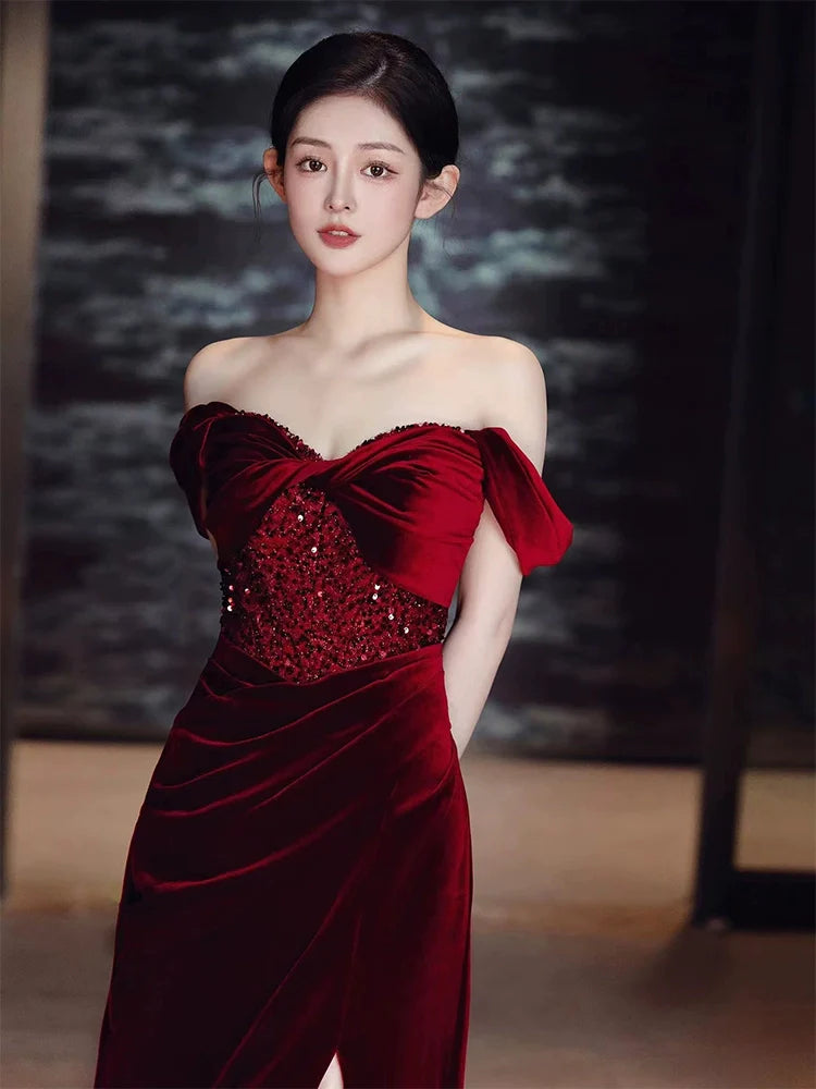 Burgundy Velvet Mermaid Long Prom Dress Off Shoulder Evening Dresses With Slit