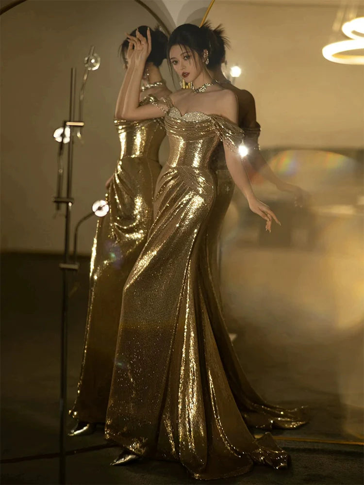 Mermaid Gold Long Prom Dress Sexy Off Shoulder Evening Dresses