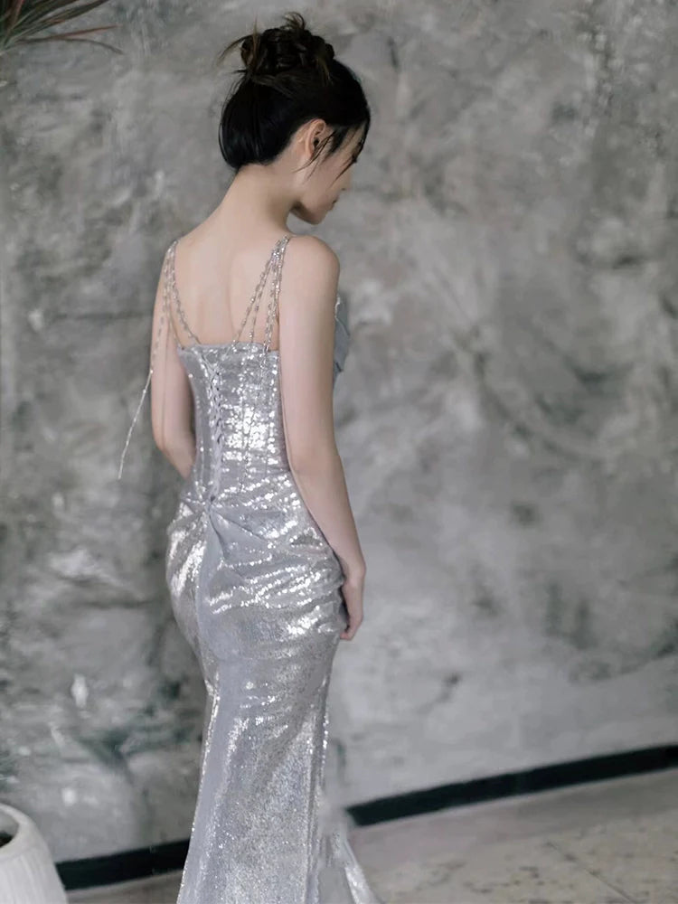 Silver Sequin Mermaid Long Prom Dress Sexy Evening Dresses