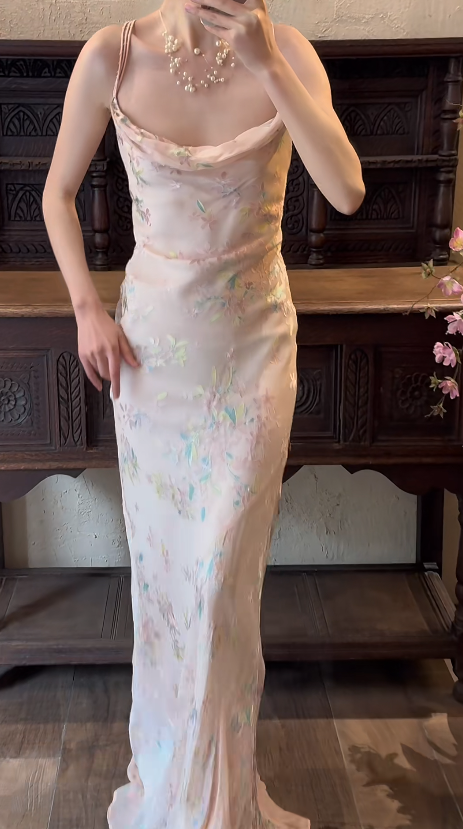 Sheath Pink Chiffon Prom Party Dress Vintage Flora Evening Dress