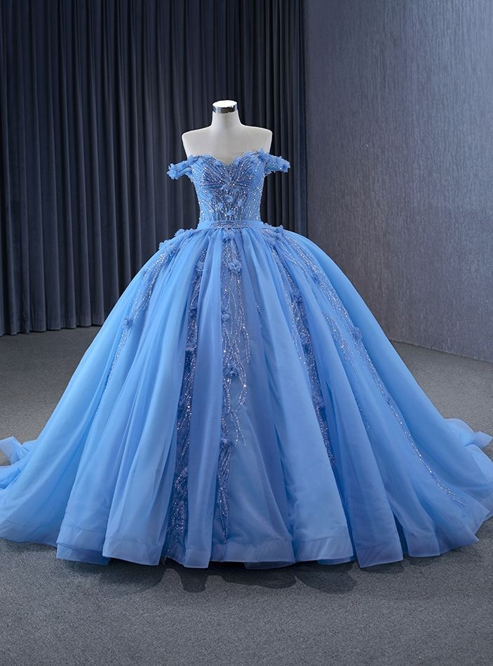 Glitter Blue Ball Gown Tulle Off the Shoulder Sequins Appliques Prom Dress