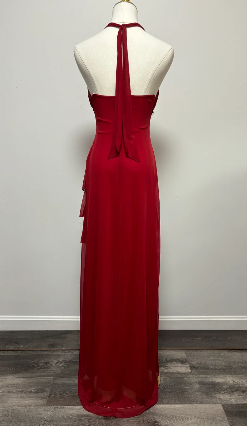 Vintage Red Asymmetrical Ruffle Tiered Halter Formal Prom Dress Evening Dress