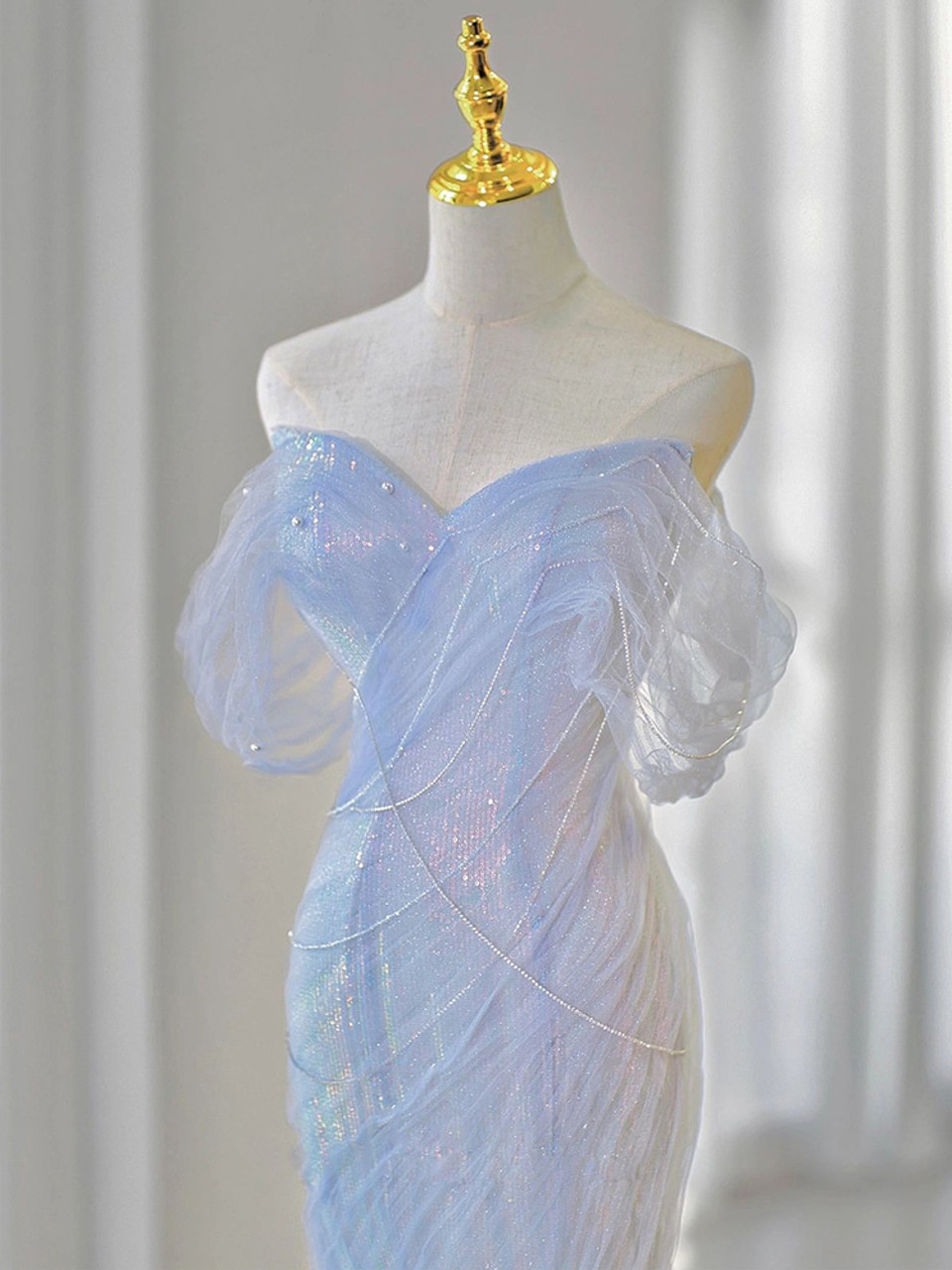 Glitter Mermaid Sequins Tulle Pleats Prom Dress Party Evening Dress